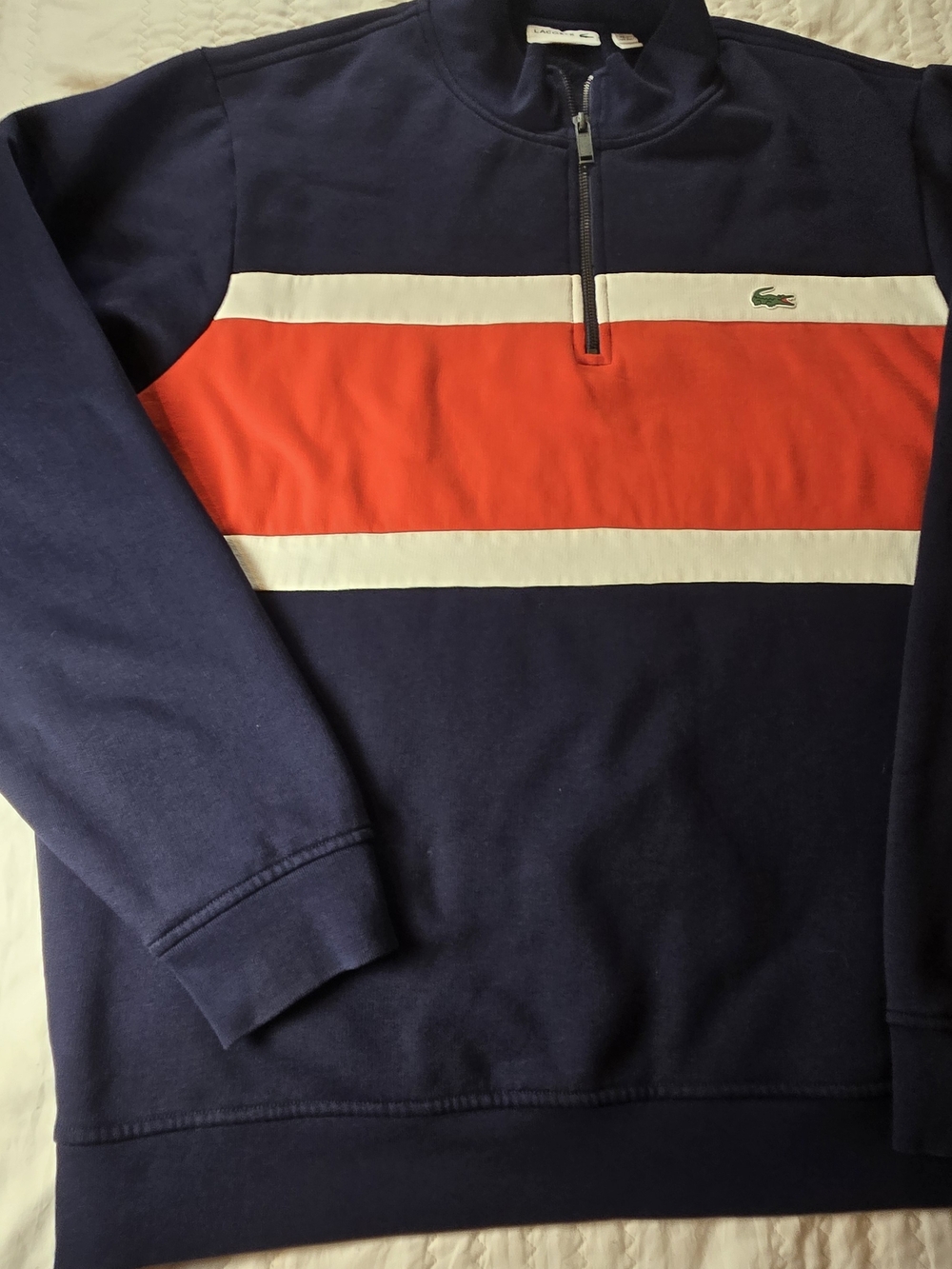 Lacoste Men’s Navy Zip Sweater with Red and White Chest Stripe